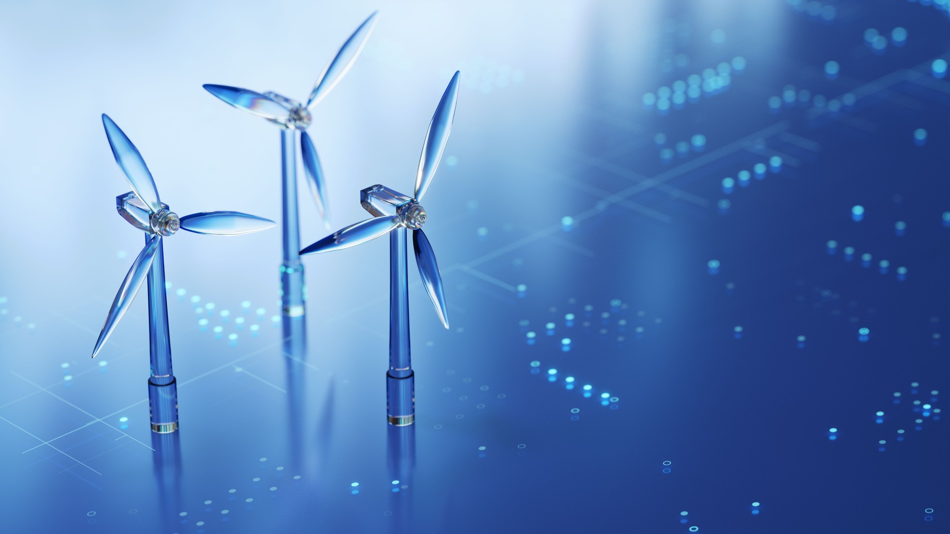 Futuristic Wind Turbines on Digital Blue Background