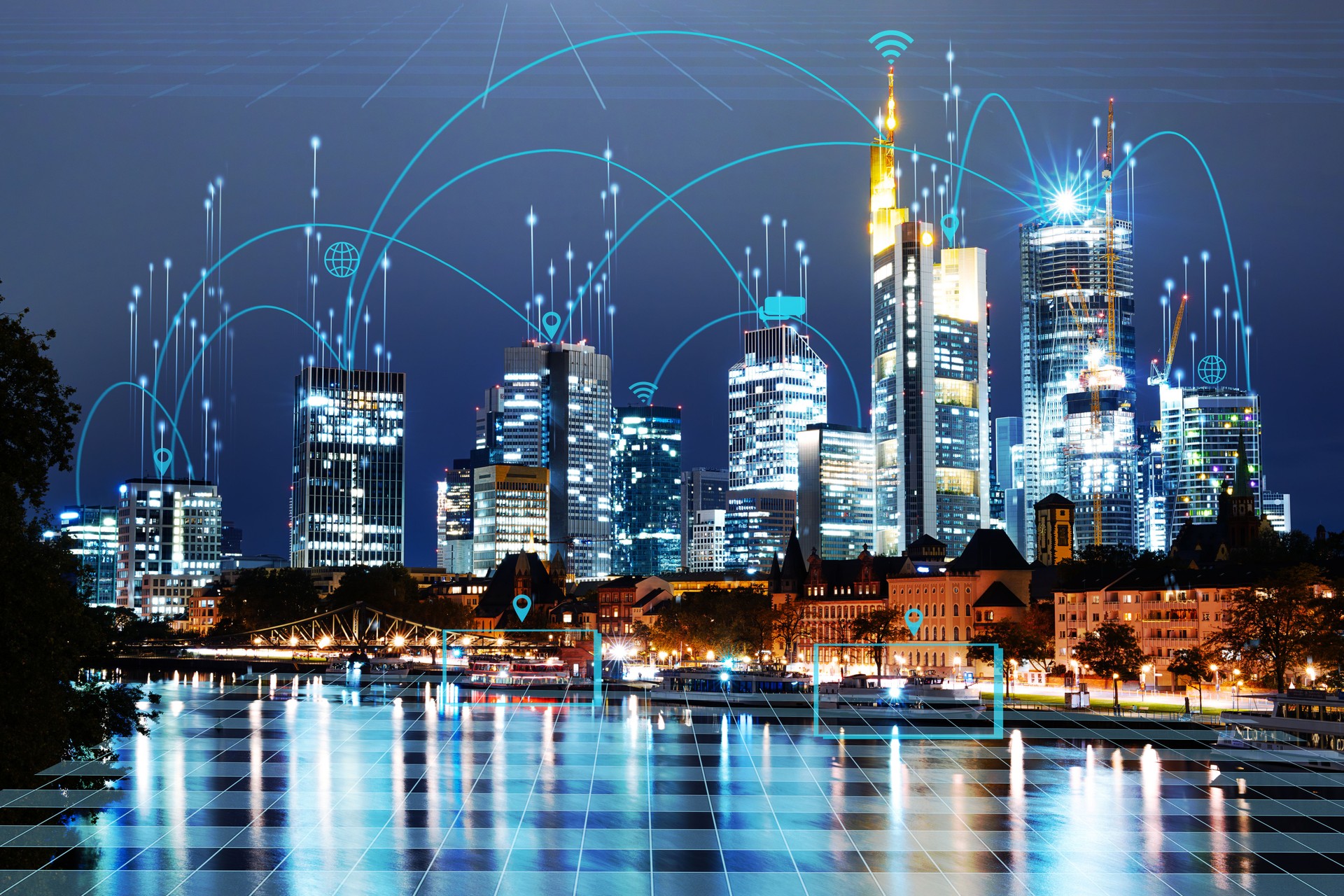 Futuristic cityscape with digital network overlay illustrating smart city technology and connectivity across urban high-rise buildings