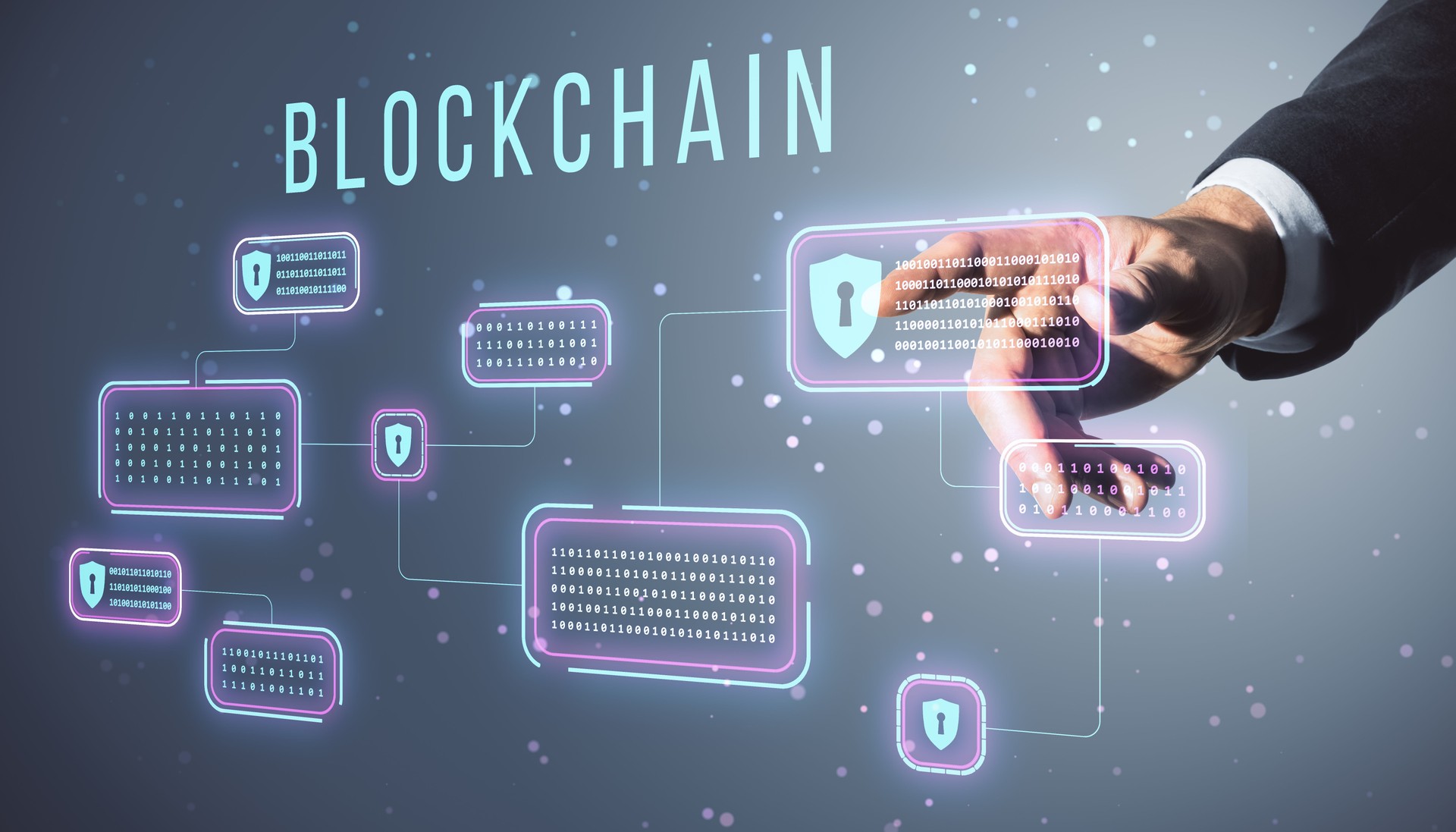 Hand interacting with blockchain hologram on a digital interface, highlighting data security concepts.